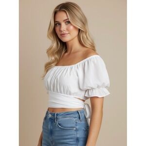 White Off Shoulder Crop Top Small Cottagecore Tie Waist Puff Sleeve